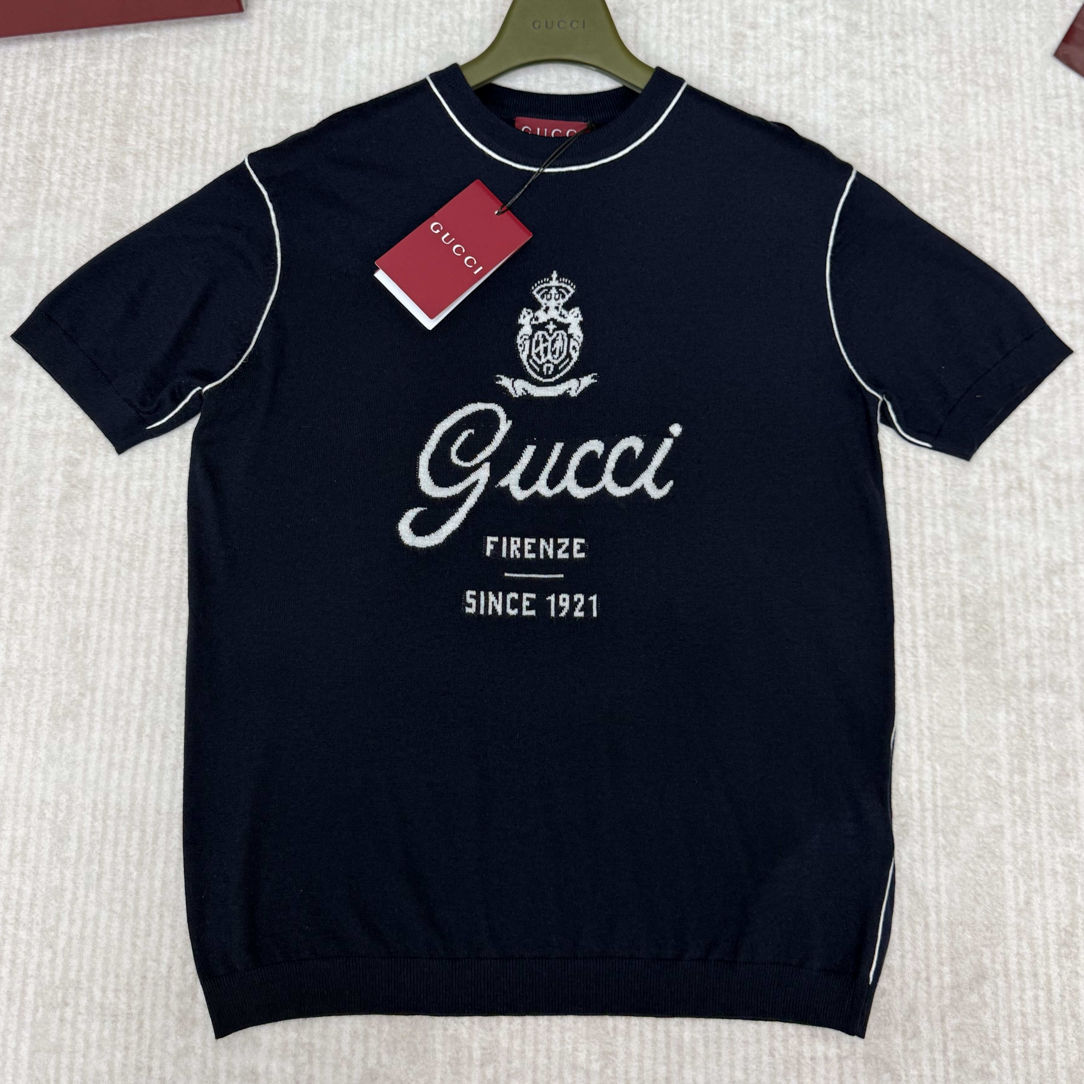 GUCCI 구찌 인타르시아 프린트 디테일 실크 리넨 니트 티셔츠 #1743661